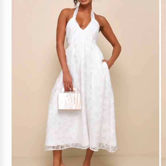 Lulus Delicate Sweetness Midi Dress Medium White Burnout Pockets